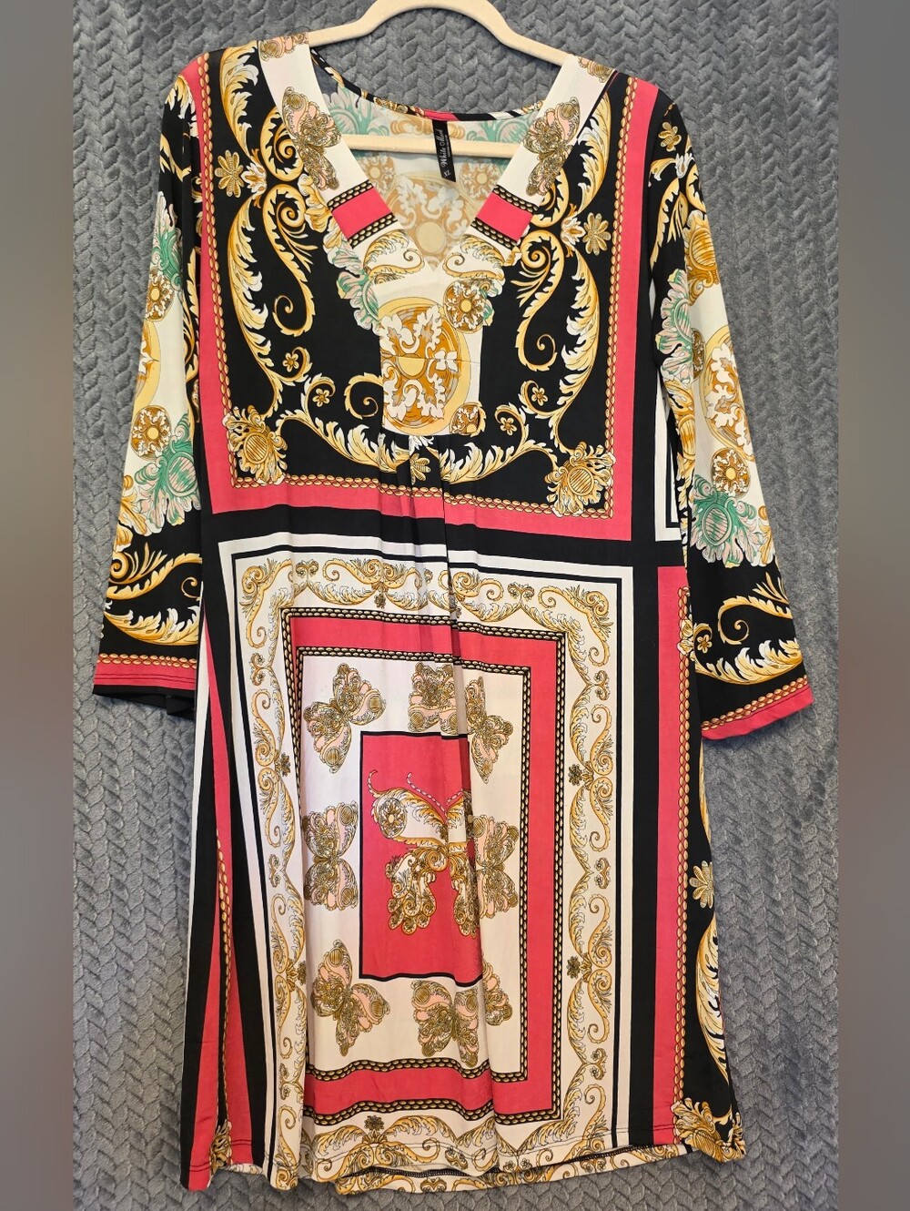 White Mark Baroque Print V-Neck Midi Dress - Black, Coral & Gold